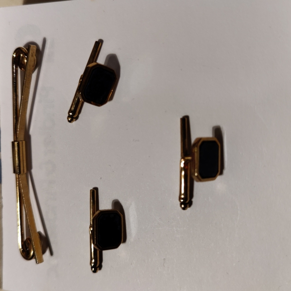 Set of three semi precious stone studs plus collar pin